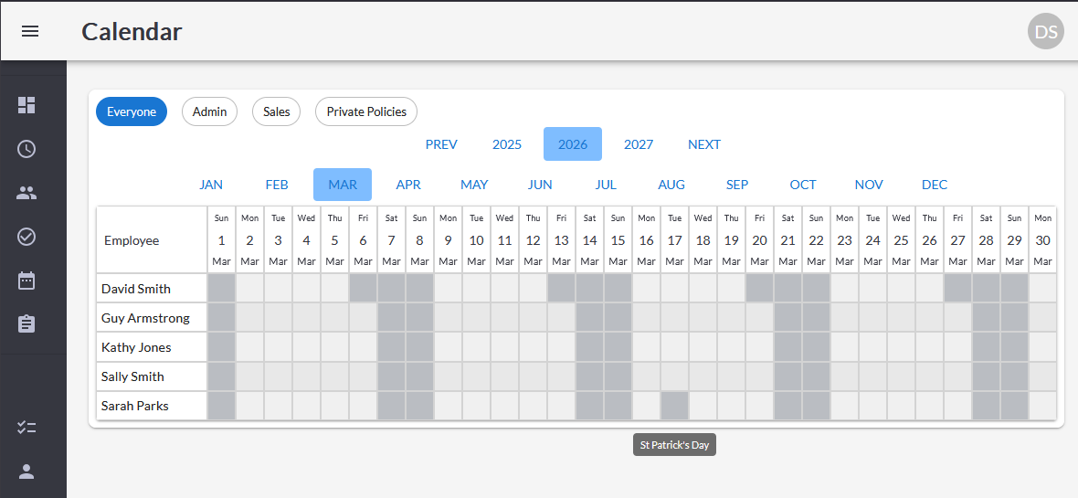 Calendar reflecting the non-working day for Sarah