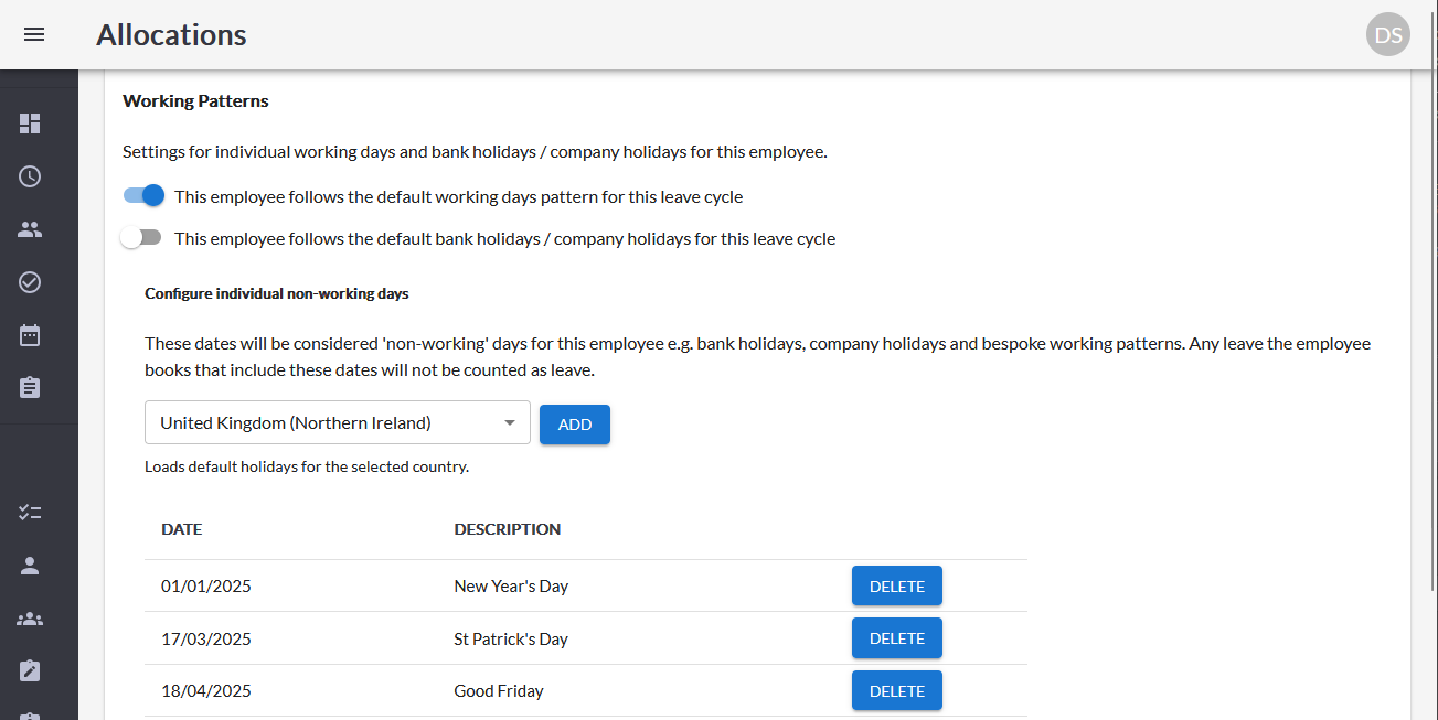 Working days configuration