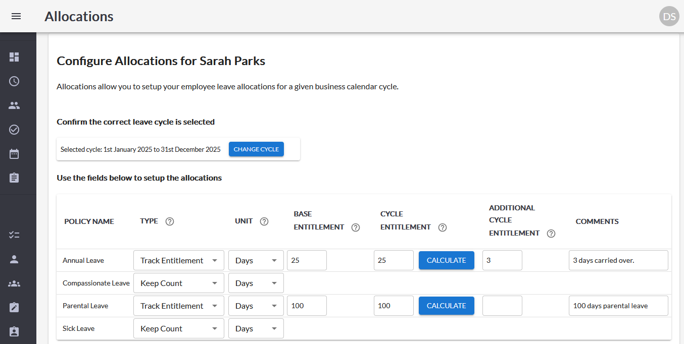leave allocations example