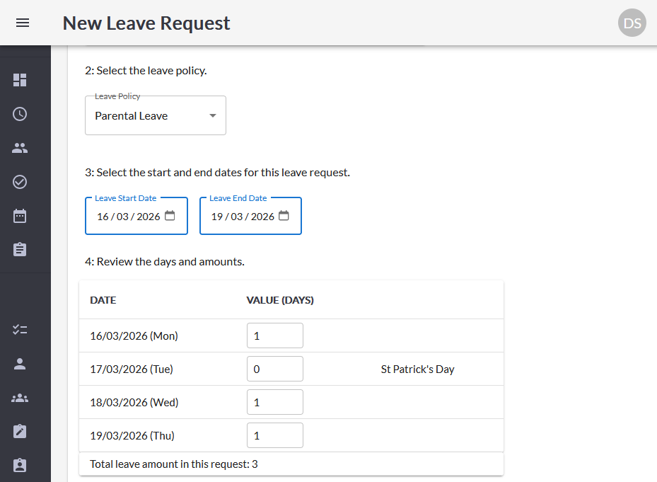 Leave request reflects the holiday