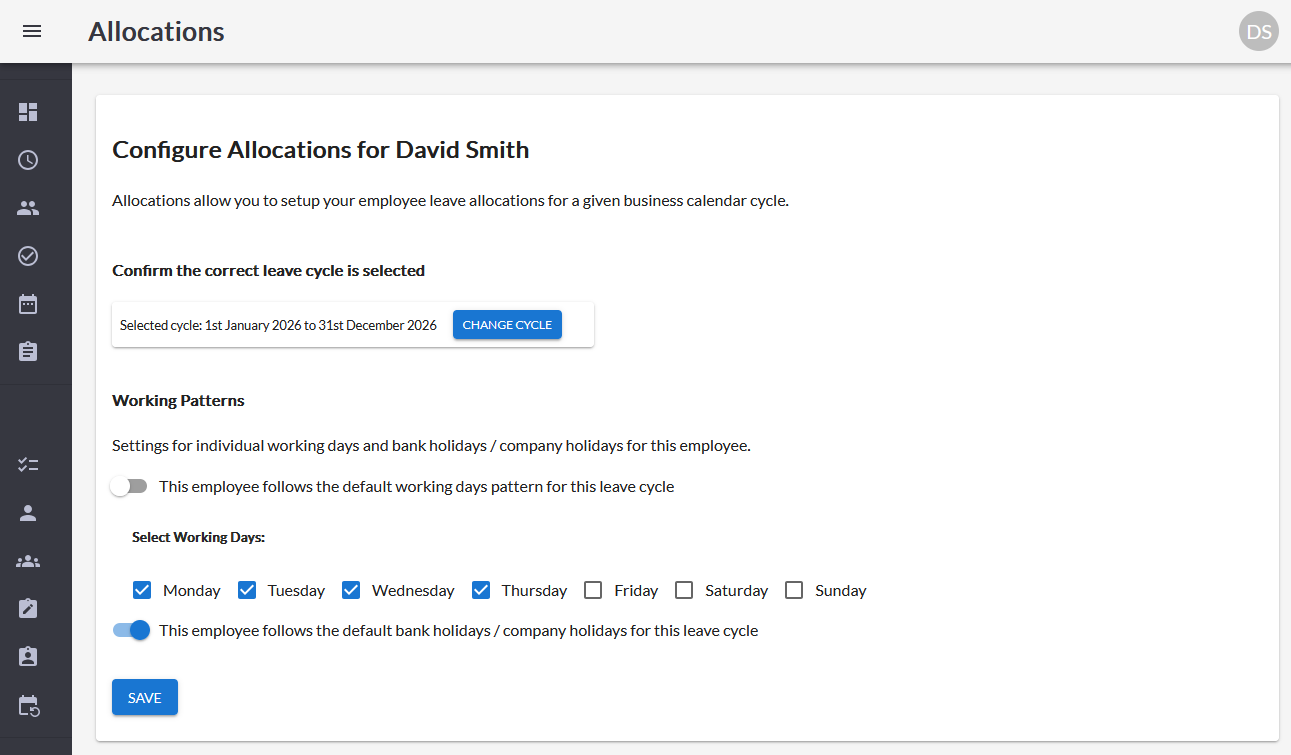 Working days configuration