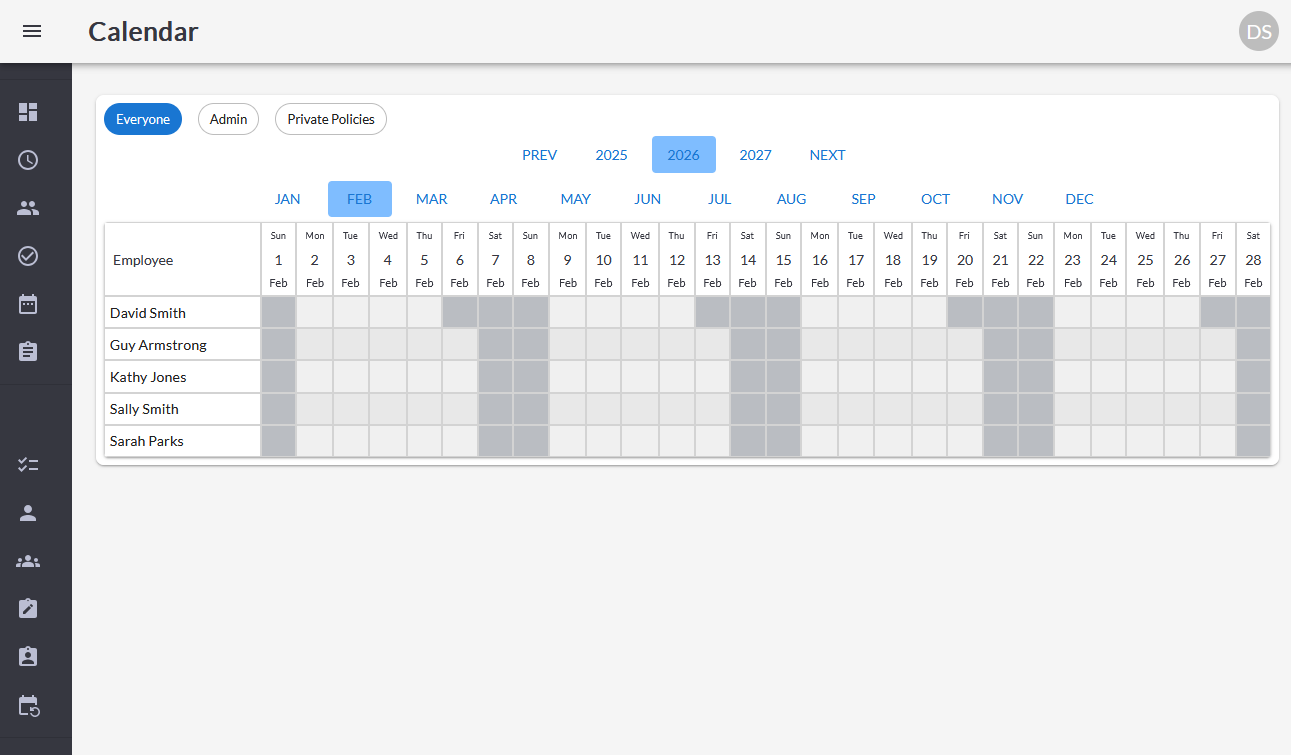 Calendar reflecting the policies