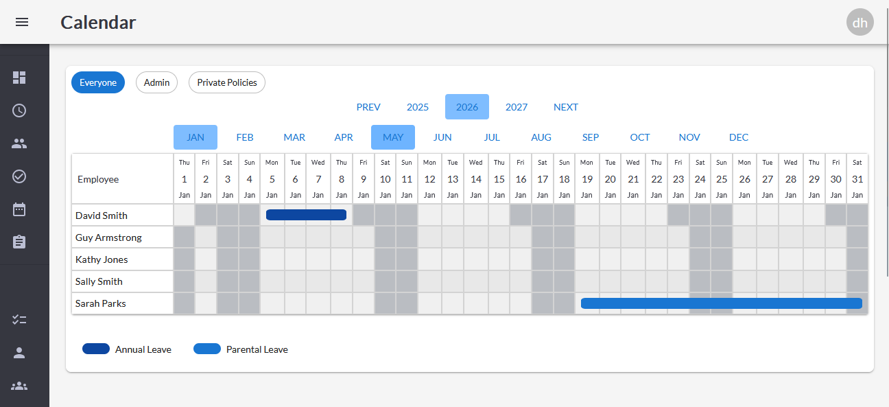 Calendar showing public only leave categories