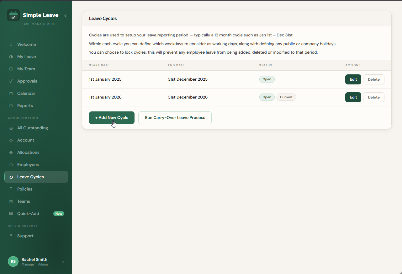 Leave Cycles page with the Add New Cycle button highlighted