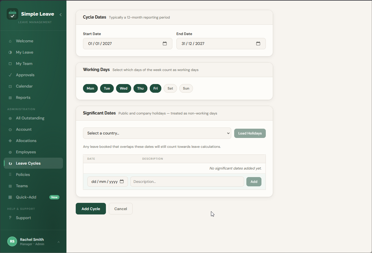 Add Cycle form showing cycle dates, working days and significant dates