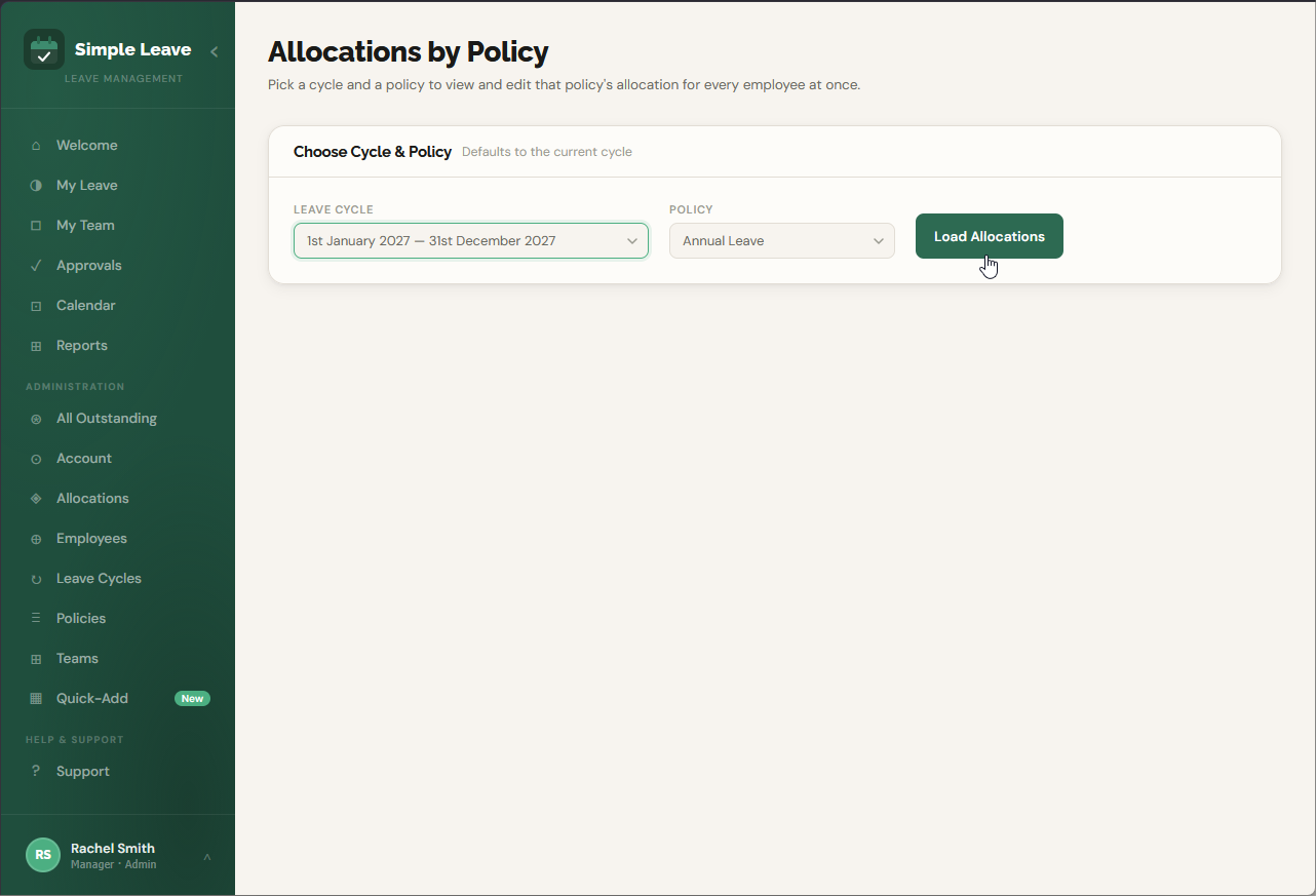Choosing a leave cycle and policy on the Allocations by Policy screen