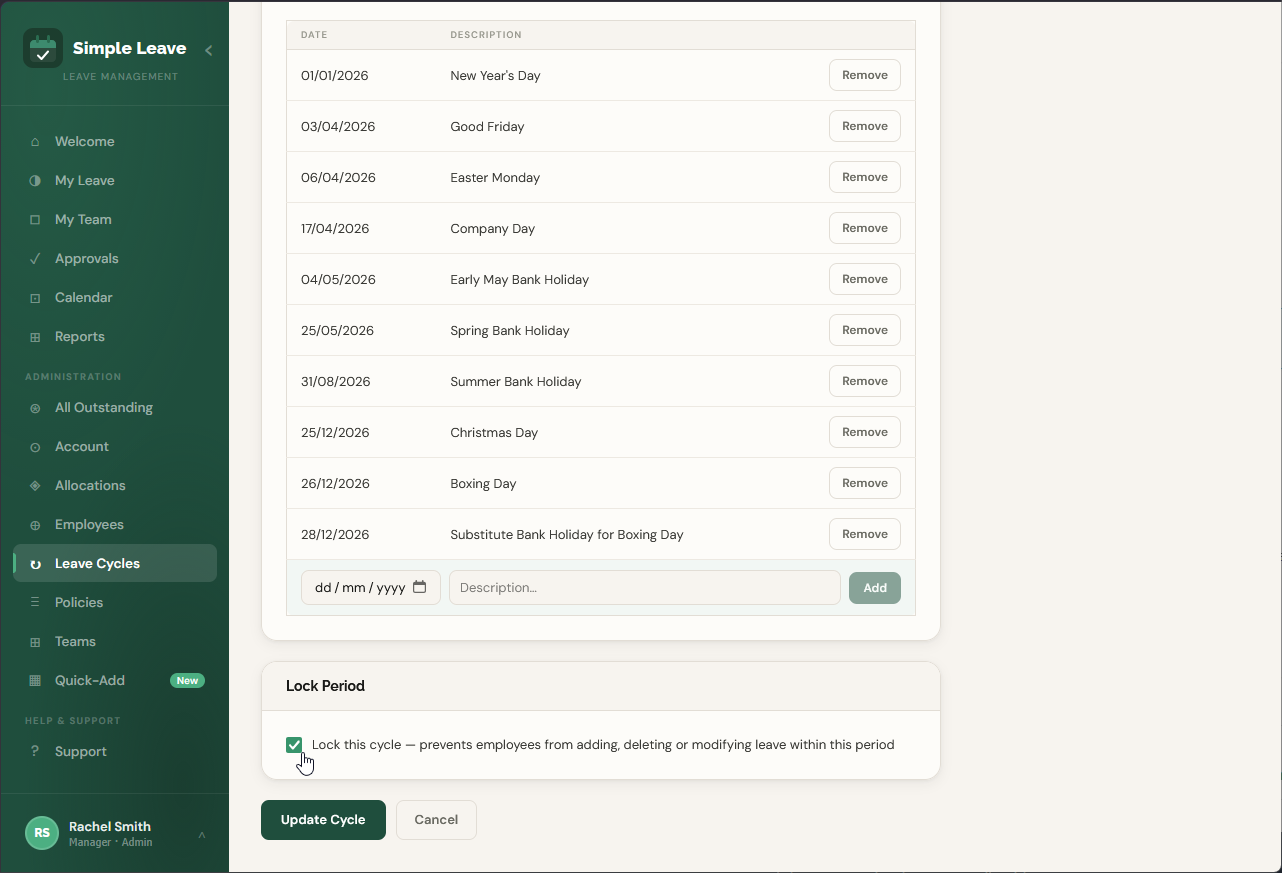 Editing a cycle with the Lock this cycle checkbox ticked