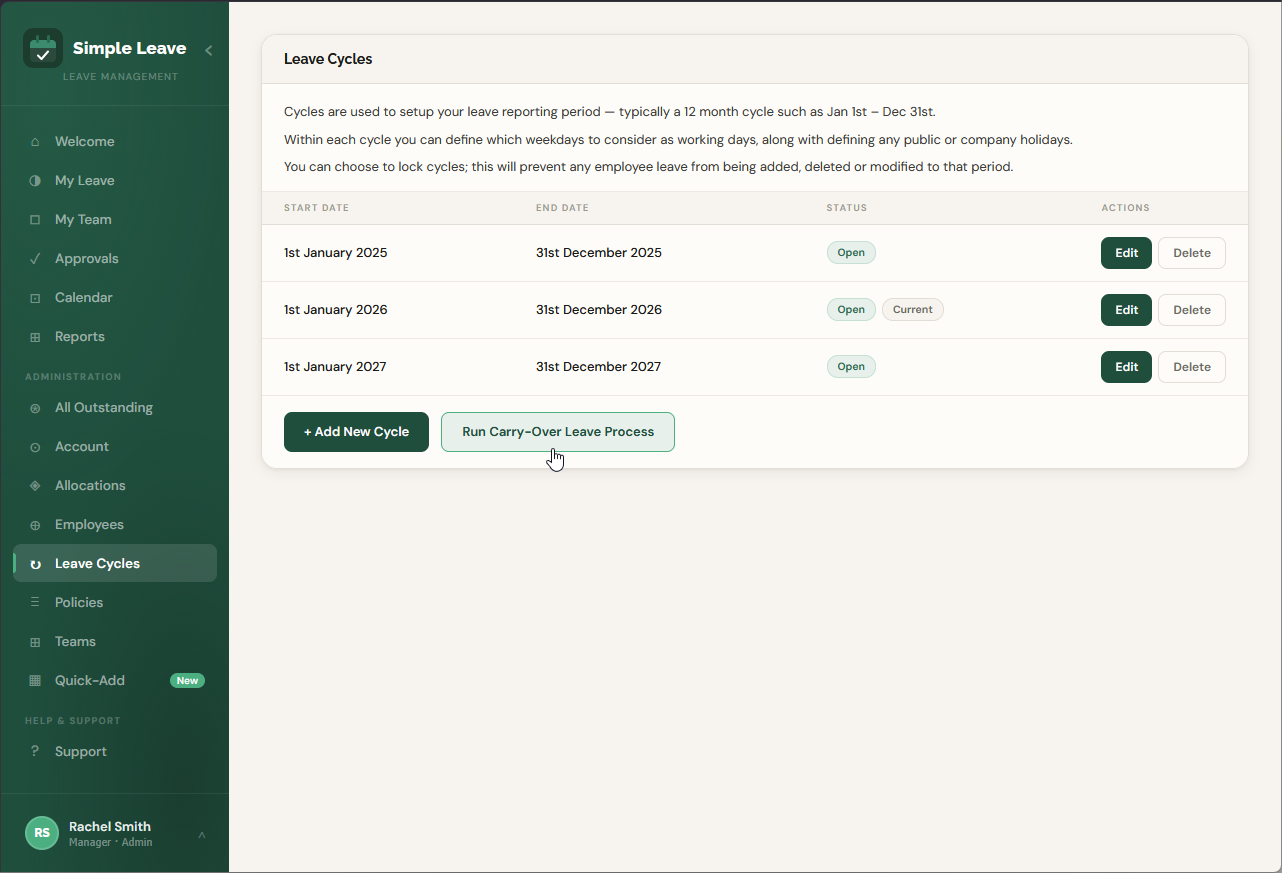 Leave Cycles page with the Run Carry-Over Leave Process button highlighted