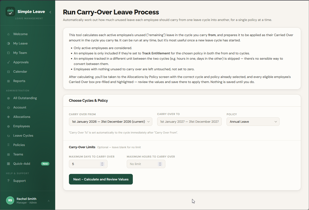 Run Carry-Over Leave Process screen with cycles, policy and carry-over limits selected
